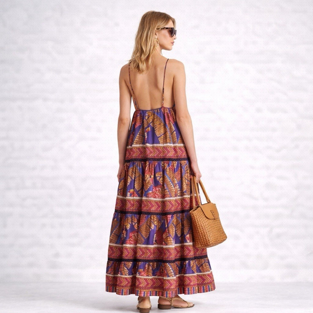 NWT Farm Rio Blue Forest Mosaic Maxi Dress Size:L Boho Tiered V Neck MSRP:$230 - Picture 6 of 12